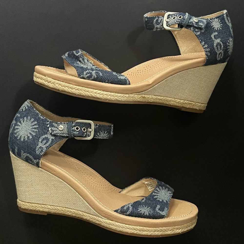 UGG Atashs denim leather sandals wedge 10